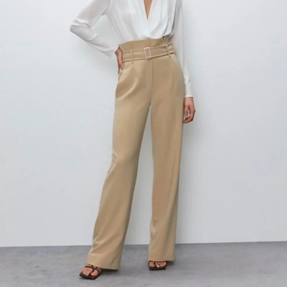 Aritzia Babaton Jermaine High Waist Wide Leg Power Pants Trousers Beige Size 4 - Picture 1 of 9